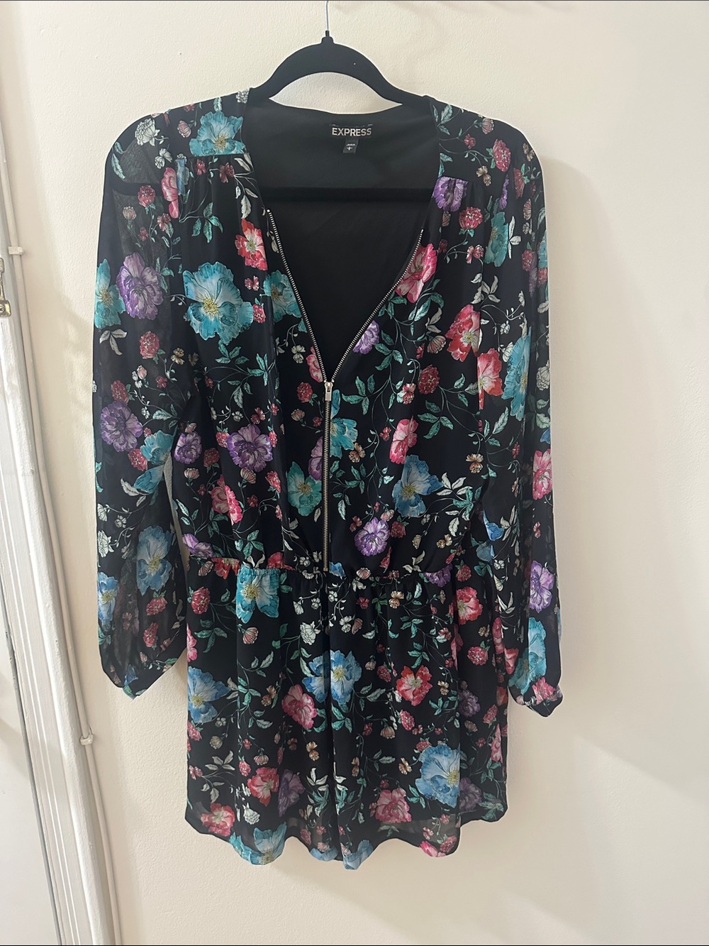 Express Black Floral Zip-Front Women's Romper